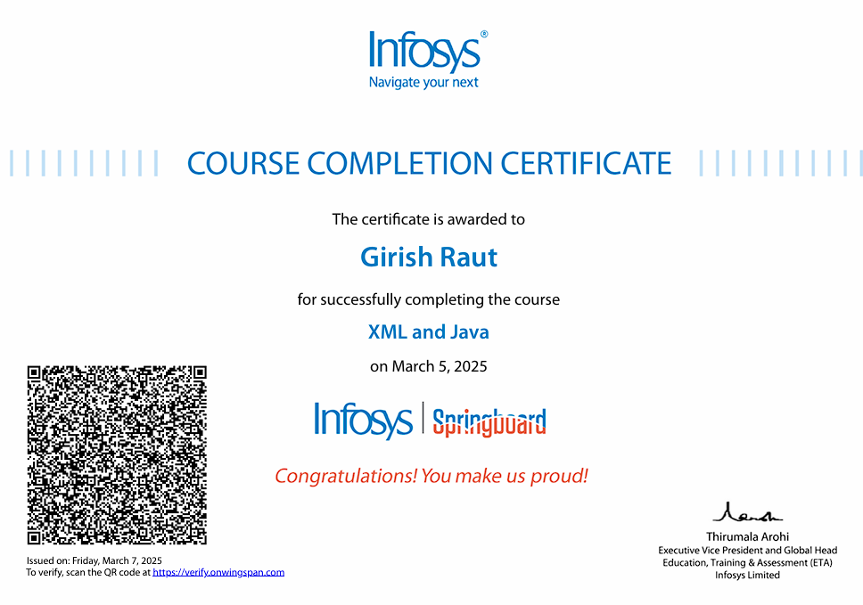 Infosys Java and XML Certificate